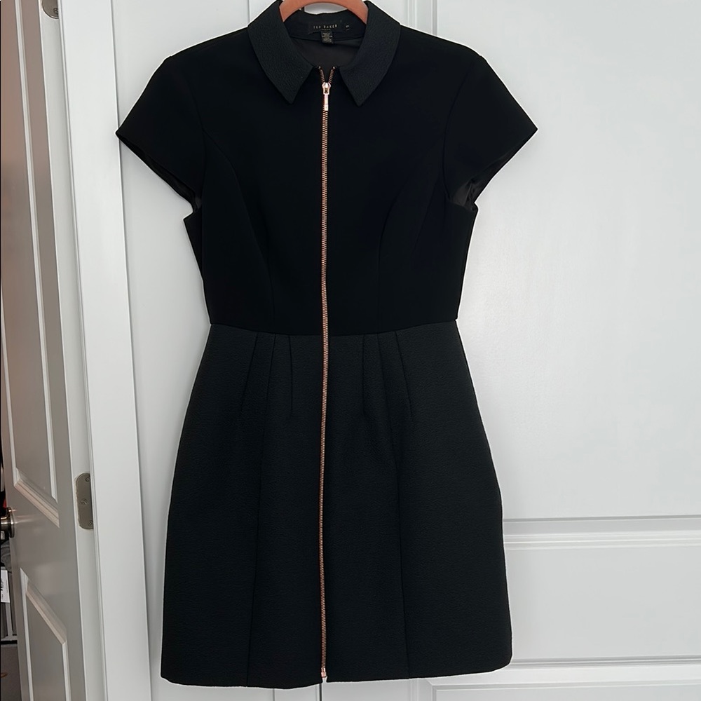 Ted Baker Black Short Sleeve Zip Front Fit-and-Flare Dress